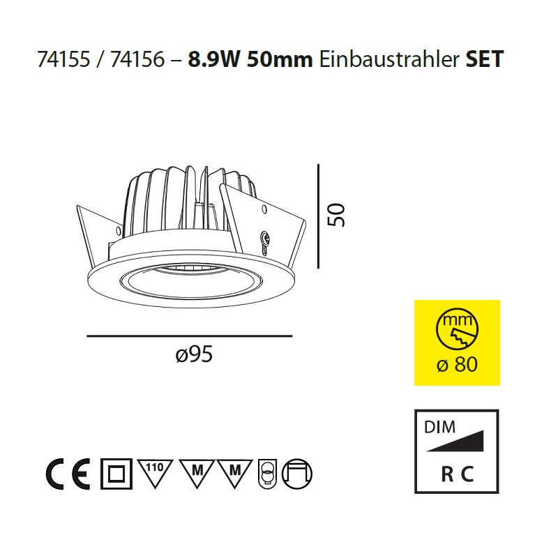 Einbaustrahler SET 9W D=95 60° weiss matt
240V/ DC 3000K 500mA 1011lm CRI90 / IP44 - Image 2