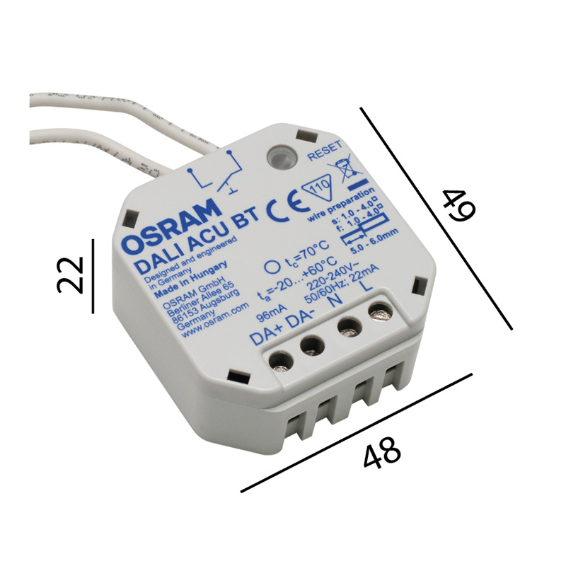 Lichtsteuergerät DALI ACU BT für Einbau
240V/ 3W B=48mm H=22mm IP20