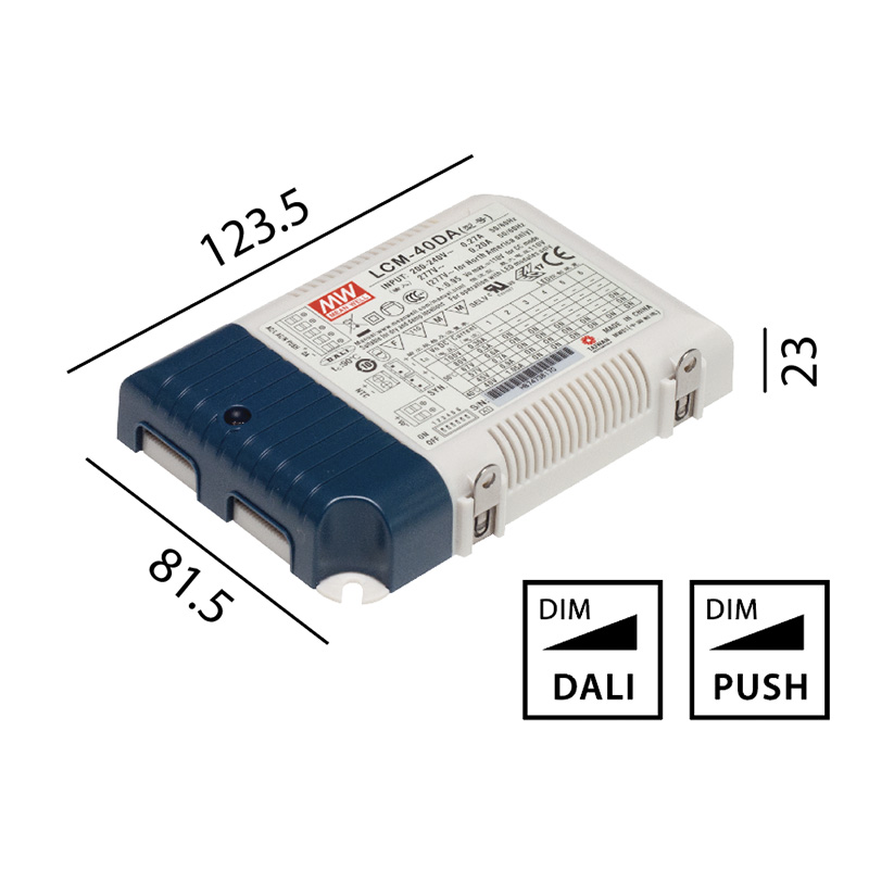 Schaltnetzgerät LCM-40DA 40W / DALI
180-240V / L=123.5 B=81.5 H=23