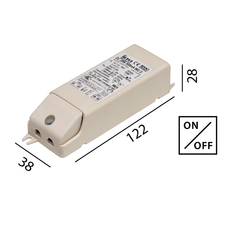 Elektr. Konverter LED DC 17W/700mA
110V-240V  L=122 B=22 H=28 IP20