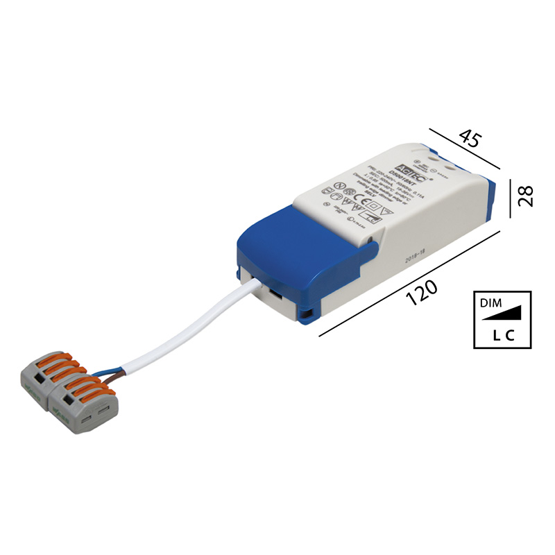 Elektr. Konverter LED DC 9-18W dimmbar
220-240V/ 18-36V 450mA L=120 B=45 H=28 / IP20