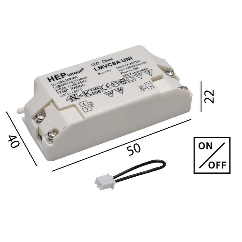Elektronischer LED Konverter 1-8W/ 350mA DC weiss
100-230V/  1-8W / L=85 B=40H=25