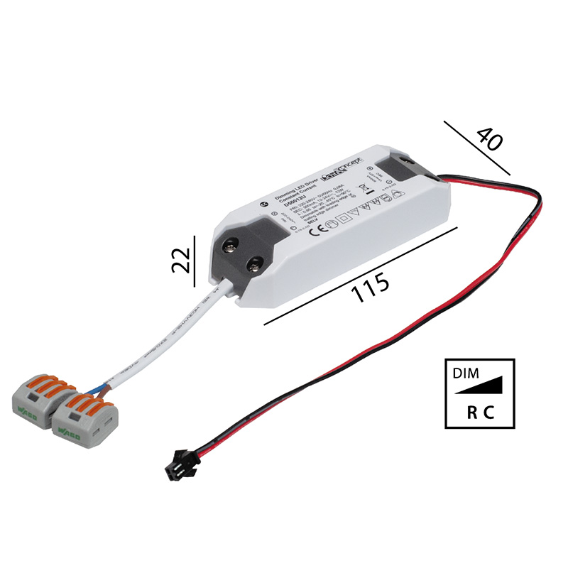 Elektr. Konverter DU LED DC 12W/350mA dimmbar
220-240V/ 350mA / L=115 B=40 H=22 / IP20