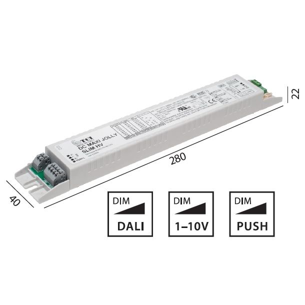 Elektr. Konverter Slim 60W / 1-10V / DALI / Push
220-240V / L=280 B=40 H=22 / IP20
