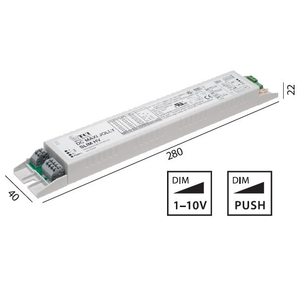 Elektr. Konverter Slim 60W HV 1-10V / Push
220-240V / L=280 B=40 H=22 / IP20