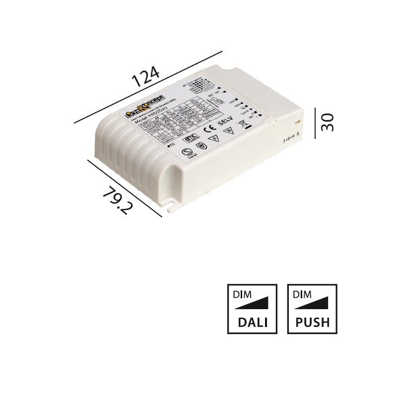 Elektr. Multi Konverter DC HY 40W DALI
220-240V L=124 B=79.2 H=30 IP20