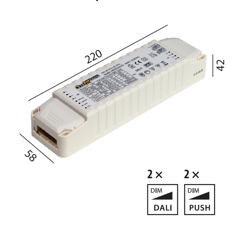 Elektr. Multi Konverter DC HY 2x30W DALI
220-240V L=220 B=58 H=42 IP20
