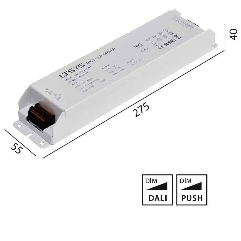 Konverter 24V LED 150W DALI-Touch DIM weiss
240V/ 6.25A / L=275 B=55 H=40 / IP20