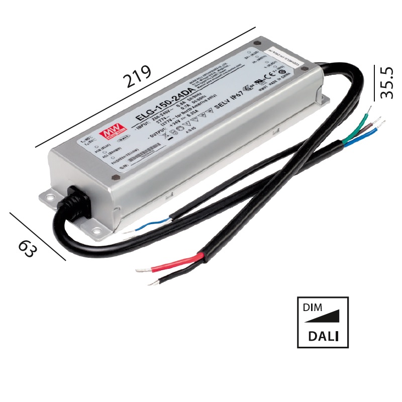 Schaltnetzteil 24V DC 150W DALI  IP67
230V/24V DC / L=219 B=63 H=35.5