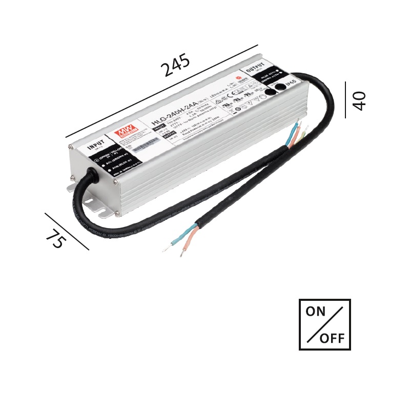 Schaltnetzteil 24V DC 240W IP67 kabel
230V/24V DC / L=245 B=75 H=40