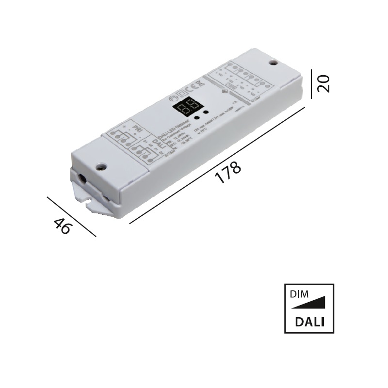Dimmeinheit für LED 4-kanal DALI 240W-480W 
12-24V / L= 178 B=46 H=20
