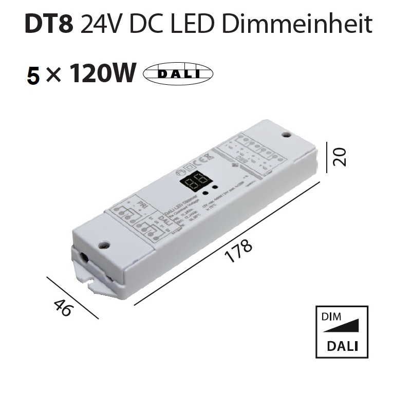 Dimmeinheit für LED 5-kanal DALI DT8 240W-480W 
DC 12-24V / L= 178 B=46 H=20