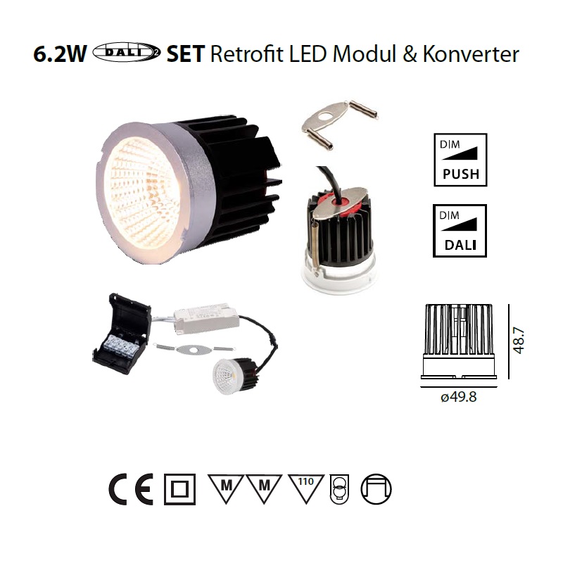 SET DALI MR16 LED Modul & Konverter 6W 40°
DC 2700K DC 350mA 460lm  CRI:90 H=50mm