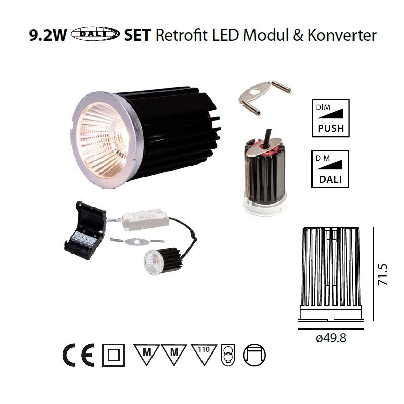 SET DALI MR16 Modul & Konverter 9.2W 40° 2700K
240V D=50 H=72 DC 500mA 863lm CRI:90 IP20