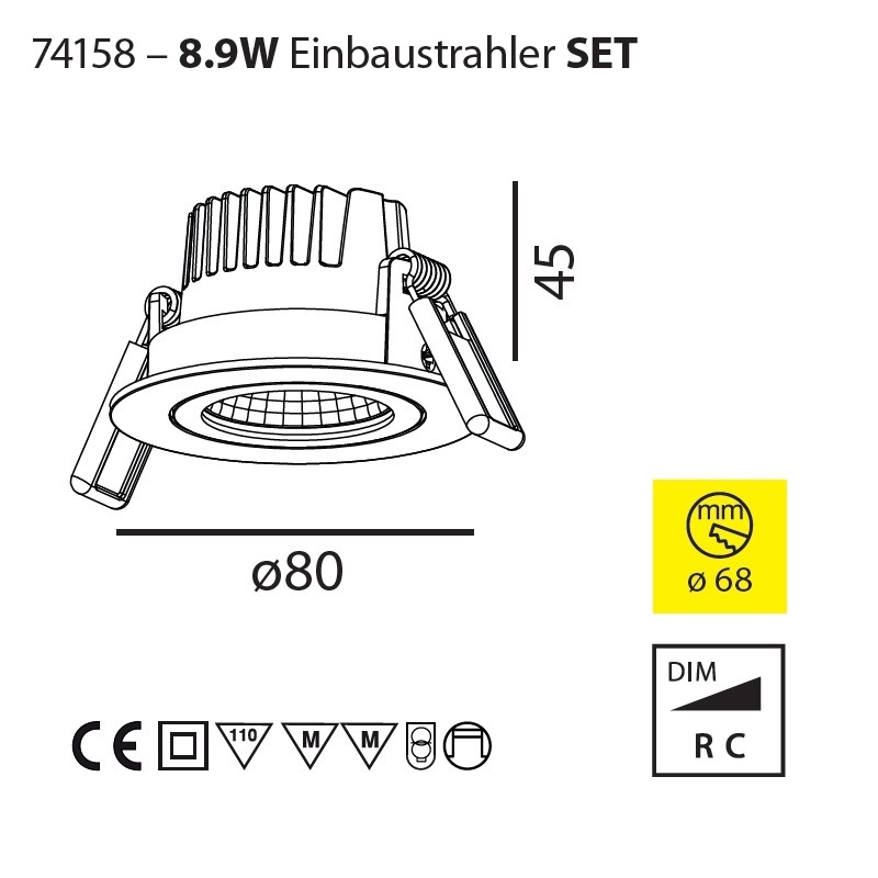 Einbaustrahler SET 9W D=80 36° weiss matt
240V / DC 2700K 500mA 1011lm CRI90 / IP44 - Image 2