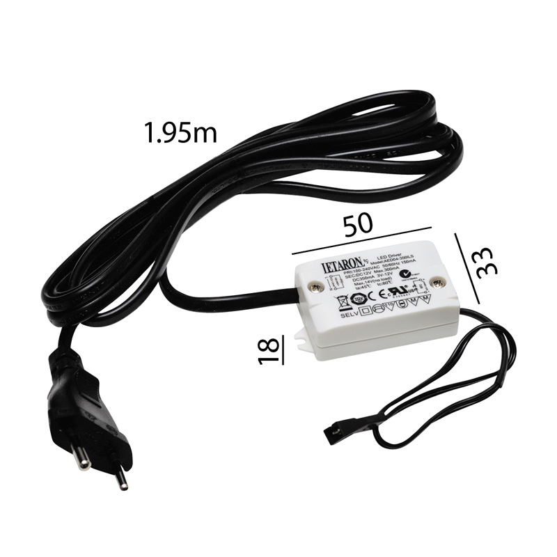 Konverter 12V/DC 4W mit Kupplung weiss
240V / 12V-DC 05.A L=57mm B= 33mm H=17