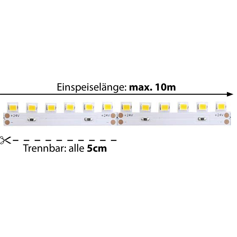 LED-Strip Flex 24V CR90 12W/m seitlich warmweiss
24V SMD 2700K 1140lm/m B=11 H=2