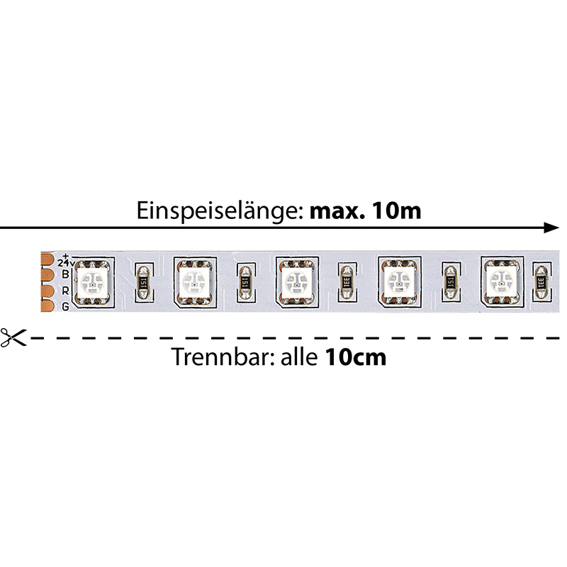 LED-Strip Flex 3M 24V 14.4W/m 120° RGB
24V/ SMD LED B=10mm  H=3mm