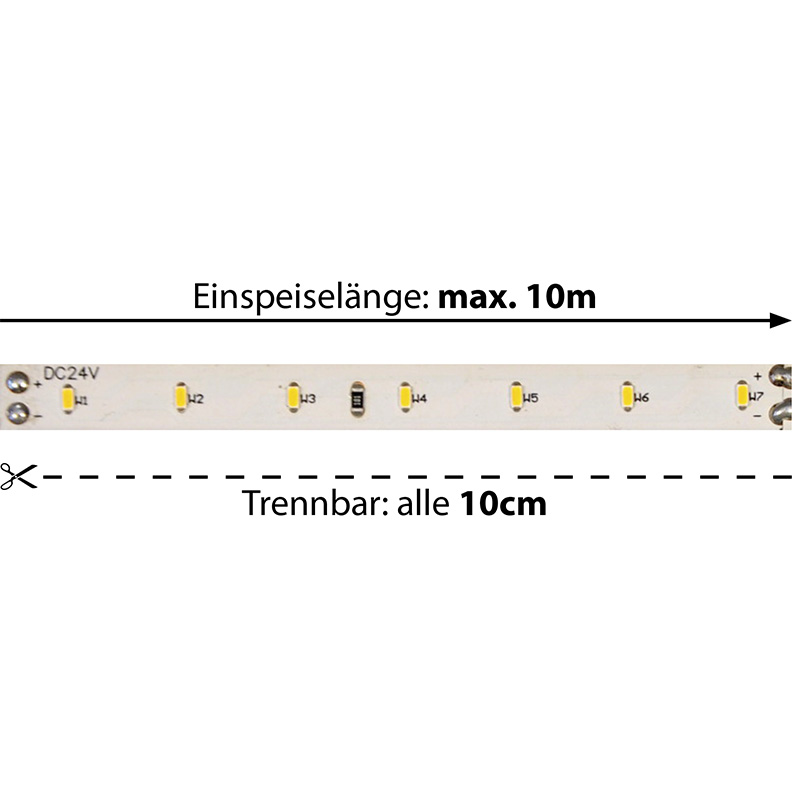 LED-Strip Flex 24V 7W/m 120° warmweiss
24V SMD 2700K 574lm/m / B=10mm H=1mm