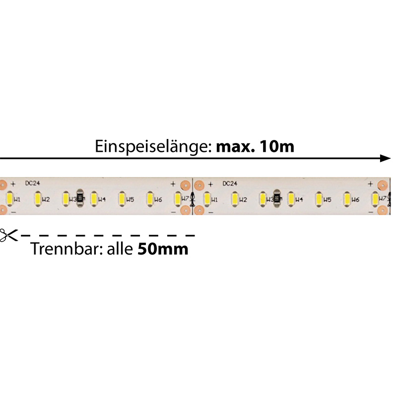 LED-Strip Flex 24V 14W/m 120° warmweiss
24V DC 3000K CRI90 1268lm/m B=10mm IP20