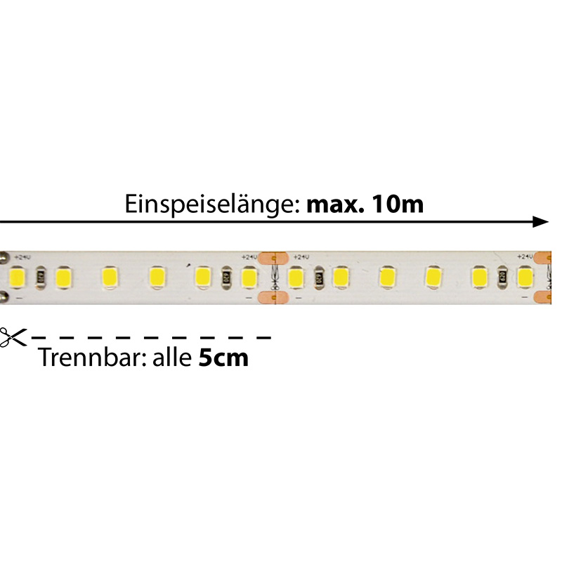 LED-Strip Flex 24V 24W/m 120° warmweiss
24V SMD 3000K 1640lm/m B=10mm H=2mm IP67