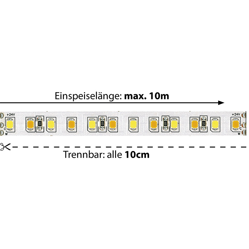 LED-Strip 24V 24W/m  2700-6000K 120° variabel
24V SMD 960-1288lm/m B=10mm H=2mm