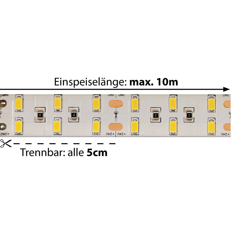 LED-Strip Flex 24V 36W/m 120° warmweiss
24V SMD 2700K 2520lm/m B=20mm H=2mm