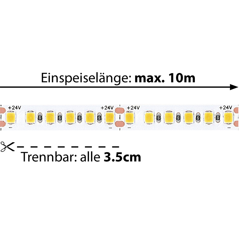LED-Strip Flex 24V 20.1W/m fine120° warmweiss
24V SMD 2700K 1580lm/m CRI90 / B=8mm H=2mm