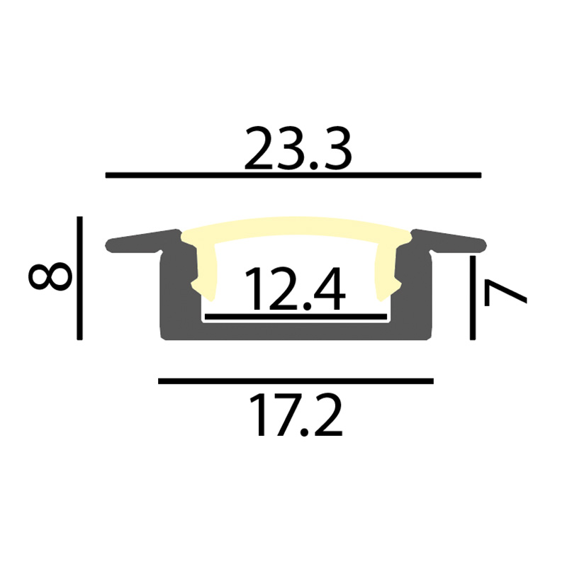 Einbauprofil INTRO 7 für LED alu eloxiert
B=23.3mm mit Laschen B=17.2mm H=8mm L=2500mm - Image 2