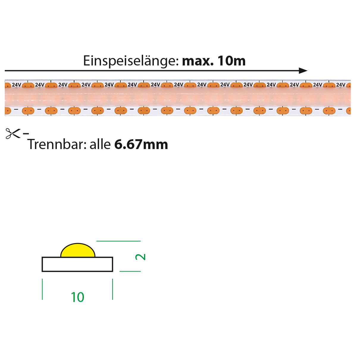 COB-Strip Flex 3M 24V 2700K Led 15W/m 10mm
24V COB LED 1200lm/m B=10mm H=2mm