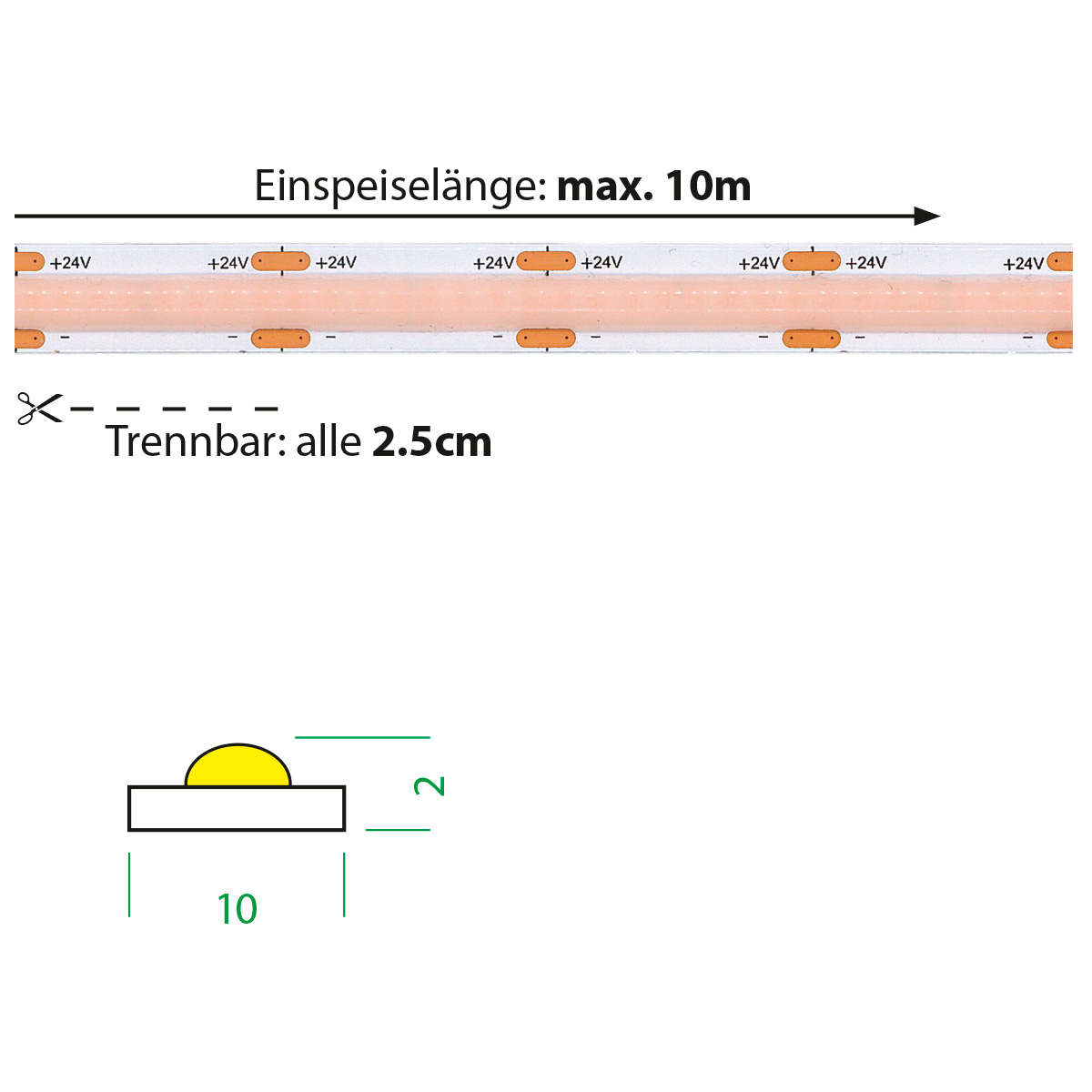 COB-Strip Flex 3M 24V 2700K Led 15W/m 10mm
24V COB LED 1575lm/m B=10mm H=2mm