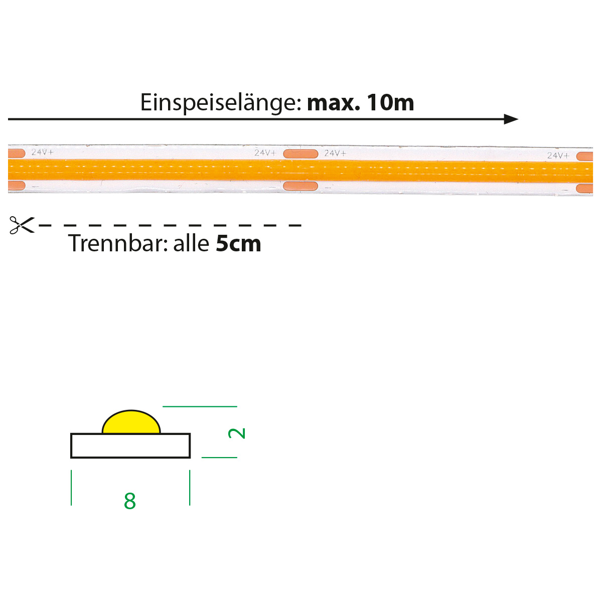 COB-Strip Flex 3M 24V 2700K 11W/m 8mm
24V COB LED 1195lm/m B=8mm H=2mm