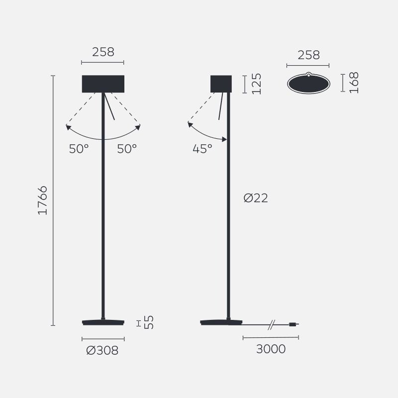 Steh-Leseleuchte Diogenes-10 LED 45W Reinweiss
240V 2700K 5256lm H=1766 B Kopf=258mm - Image 2