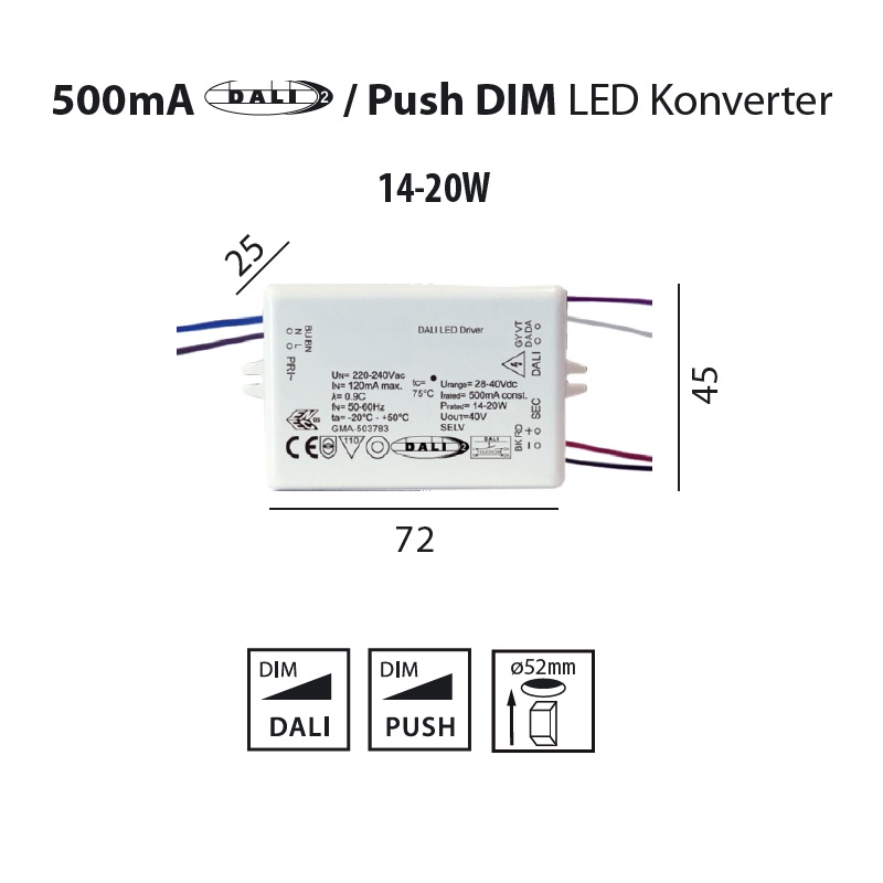 Konverter DC 20W 500mA DALI - Push weiss
100-240V /14W-20W L=88  B=45 H=25 /IP20