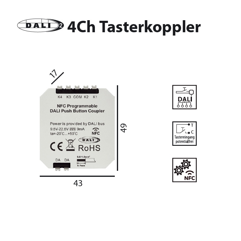 Tastenkoppler 4-Kanal DALI für Einbau
240V/ B=43x49mm H=17 / IP20