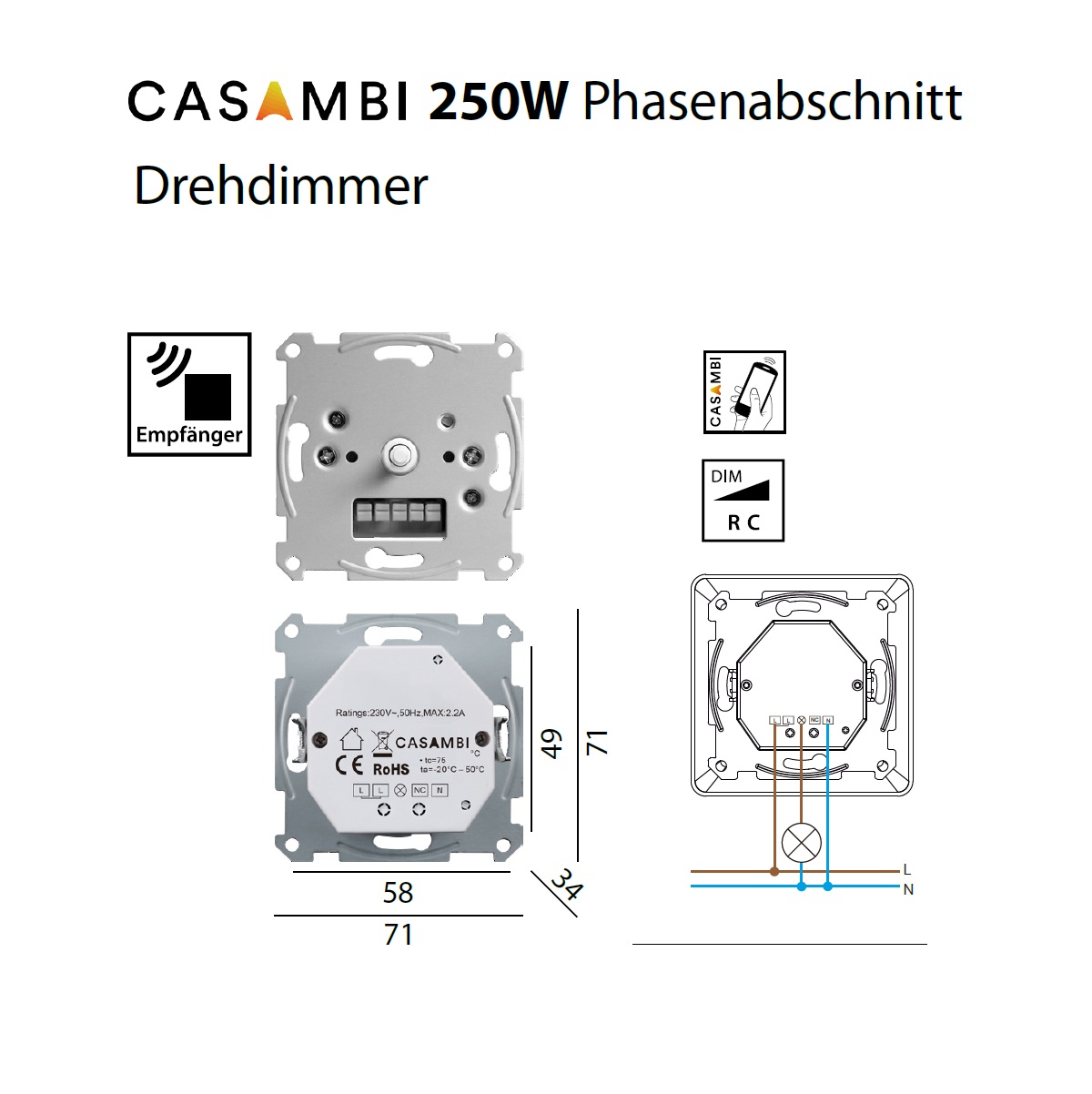 Drehdimmer UP Csambi 250W weiss
Druck-Wechsel-Schalter /Phasenabschnitt