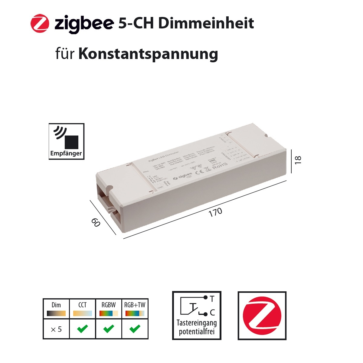 ZigBee 5-Kanal Dimmeinheit für Konstantspannung 
DC 12-48V / L=170 B=60 H=18 / IP20
