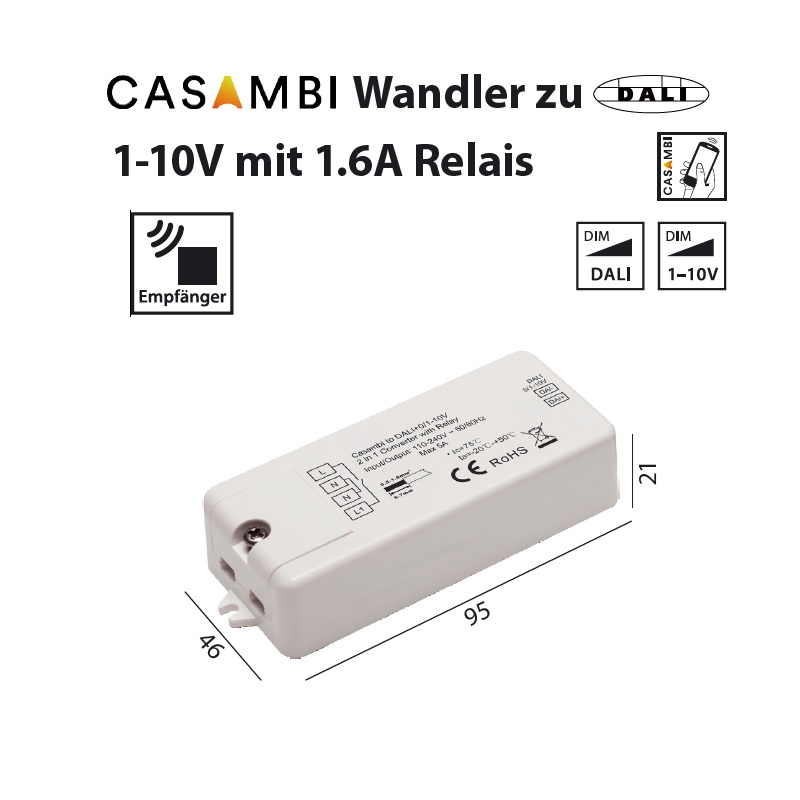 Casambi Funk- Steuermodul  für DALI /1-10V Geräte
230V/AC L=95 B=46 H=21mm IP20