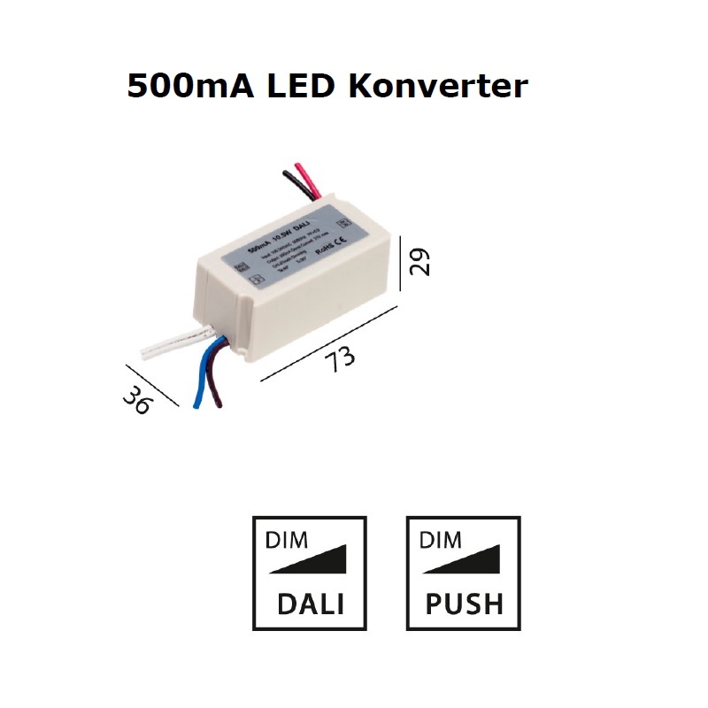 Konverter DC 10.5W 500mA DALI - Push weiss
220-240V / 3W-10.5W / L=73 B=36 H=29  IP20