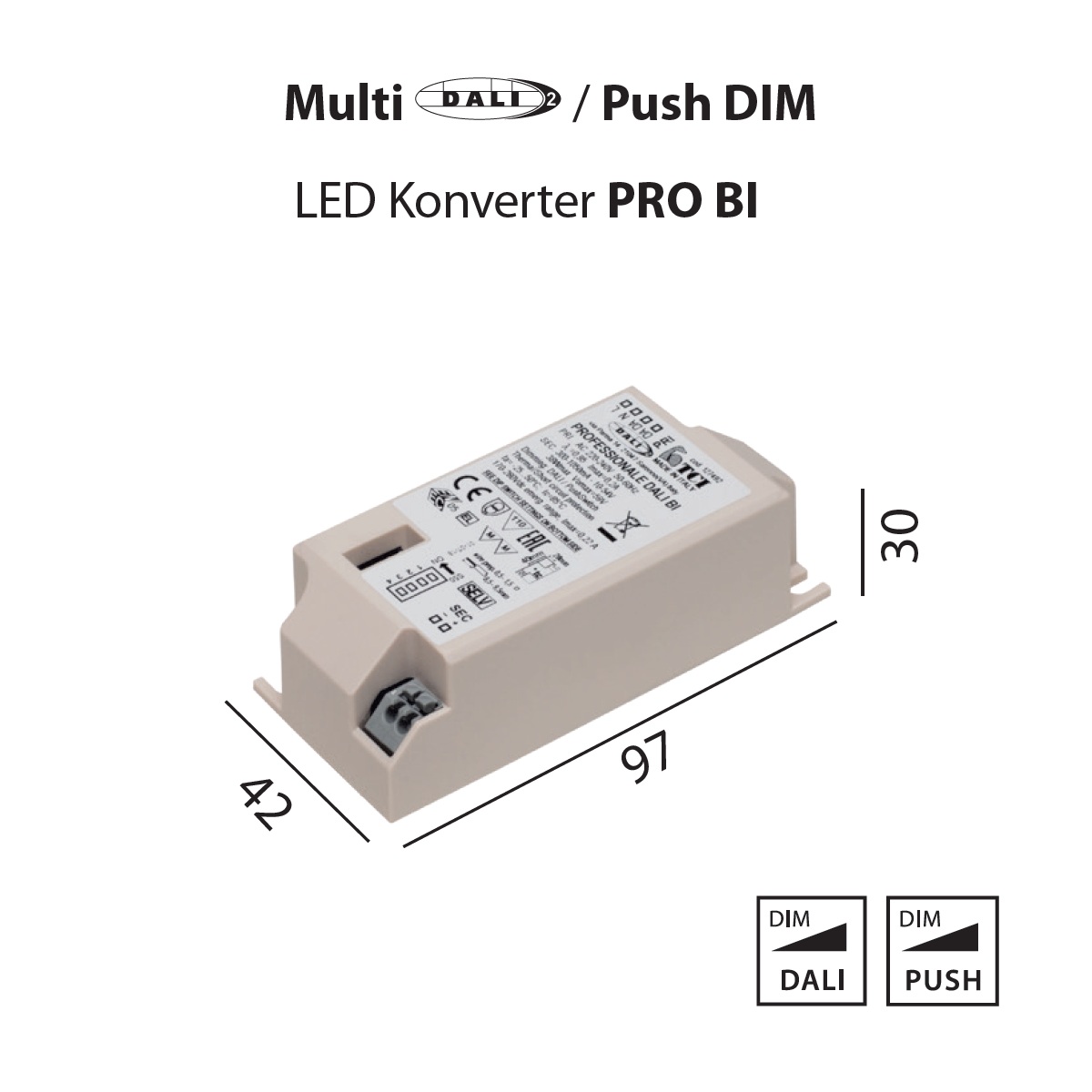 Elektr. Konverter  38W  BI DALI - Push
220-240V / L=97 B=42 H=30