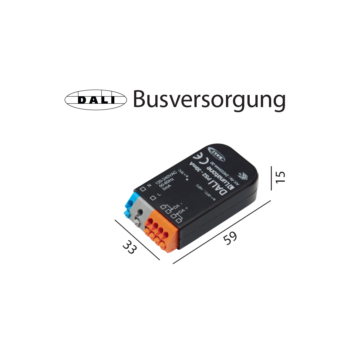DALI Busversorgung 30mA für Einbau
230V/ L=59 B=33 H=15mm IP20