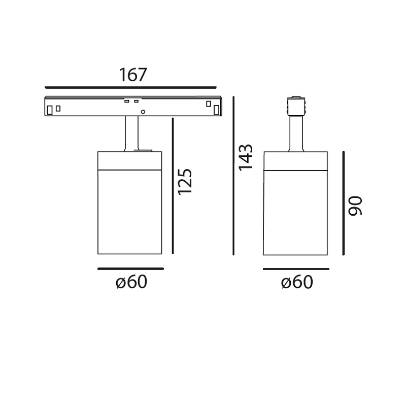 Magneto Schienen-StrahlerTube 60 12W schwarz matt
DC48V 3000K 1011Lm D=60 L=90 H=125 IP20 - Image 2