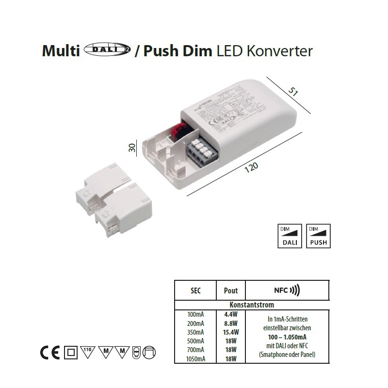 Konverter Multi 350mA DALI-Push dim 15.4W
230-240V/ L=120 B=51 H=30mm / IP20
