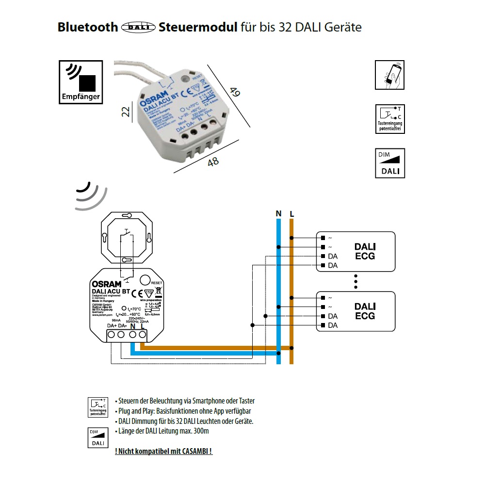 Lichtsteuergerät DALI ACU BT für Einbau
240V/ 3W B=48mm H=22mm IP20 - Image 2
