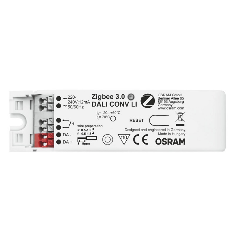 Zigbee 3.0 DALI Schnittstelle für LMS
230V L=108mm B=30 H=21 IP20