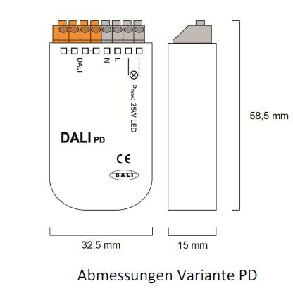 Phasenab-anschnitt RLC Dimmer mit DALI-Eingang 25W
230V/ max. 25W LED L=58.5 B=32. H=15 - Image 2