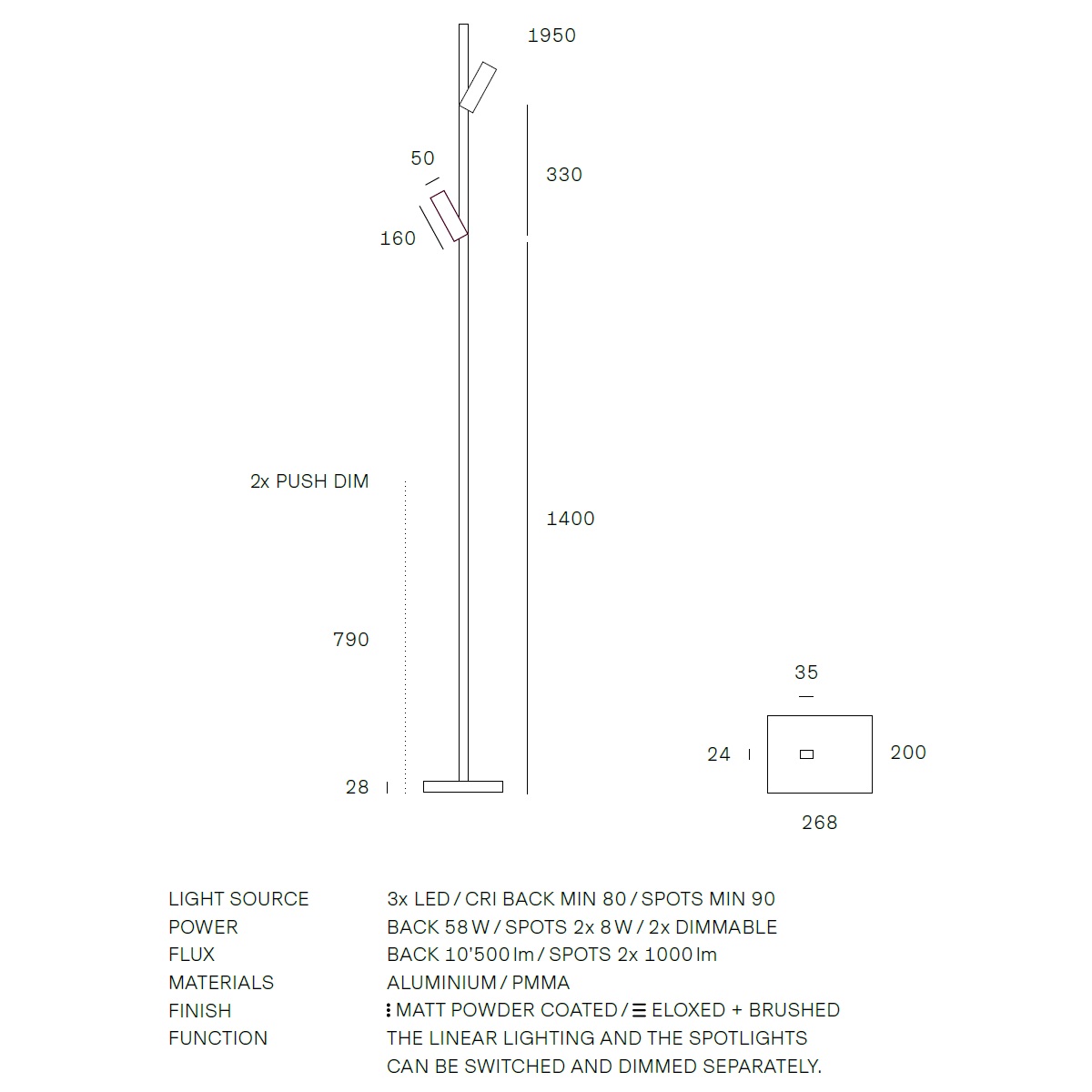 Stehleuchte ZEN-X2 LED 58W+2x 8W charcoal
230V 2700K 10'500Lm+2x1000Lm H=1950 B=35mm IP20