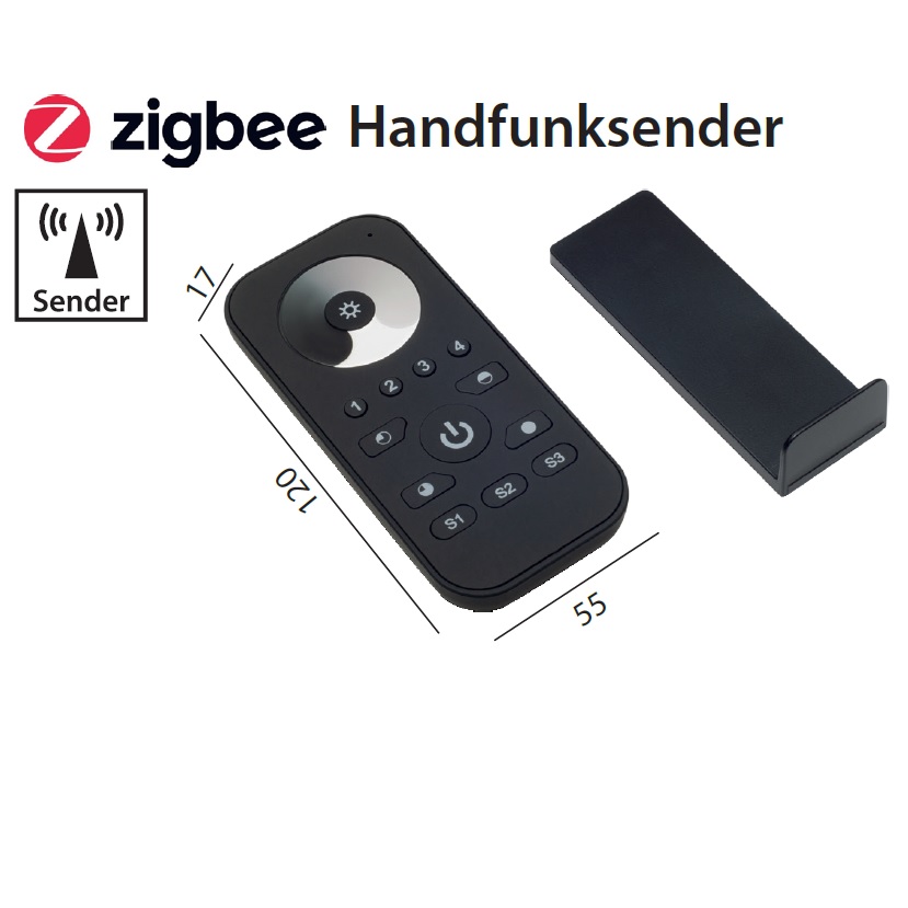 Handfernbedienung per Funk Zigbee DIM schwarz
4-Kanal / L=120 B=55 H=17 / IP20