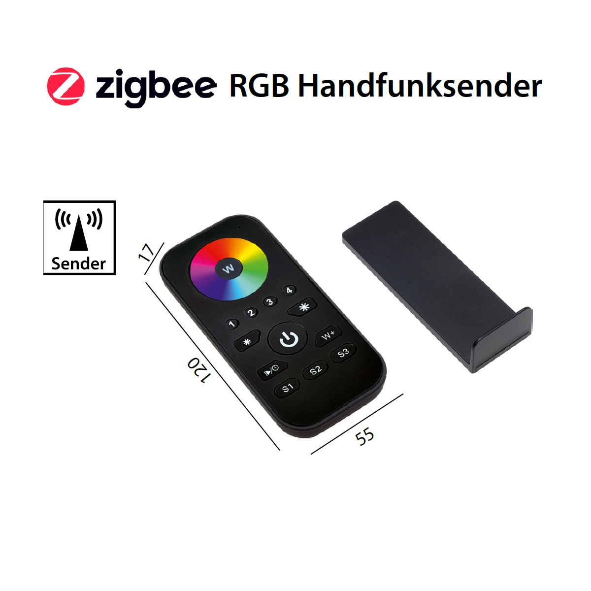 Handfernbedienung per Funk Zigbeei RGB  schwarz
4-Kanal / L=120 B=55 H=17 / IP20