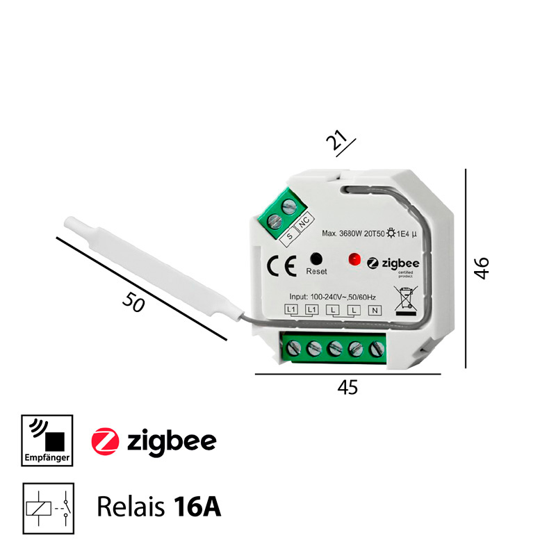 Zigbee Funk Schaltaktor on-off
230V/16A Relais /L=45 B=46 H=21 / IP20